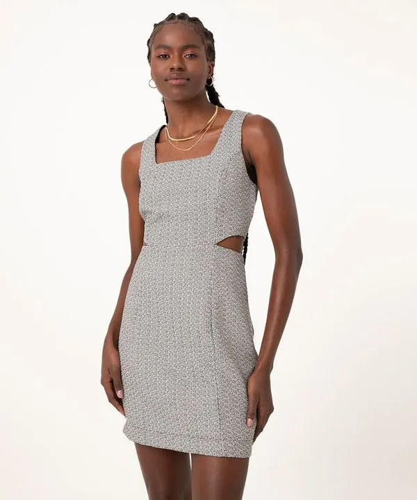 vestido curto de tweed com recortes off white P