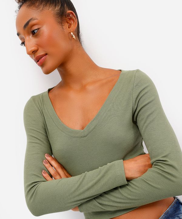 blusa básica decote v manga longa preto - verde mate P