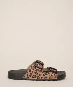 rasteirinha com fivela estampada animal print onça moleca bege 39