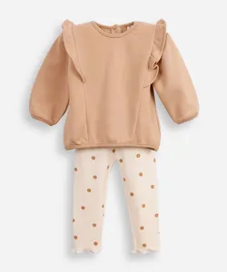 conjunto infantil longo de moletom com babado bege 12-18