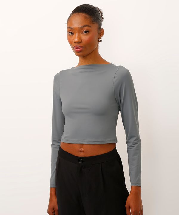blusa cropped decote canoa manga longa cinza PP