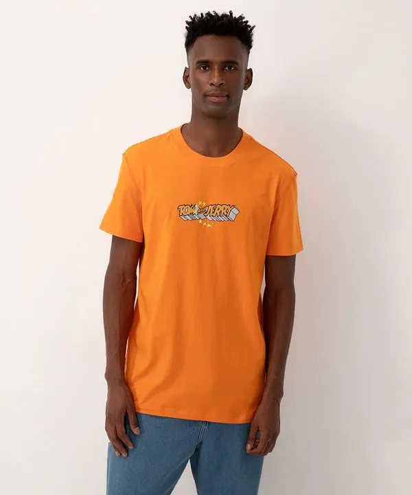 camiseta de algodão tom e jerry manga curta laranja GG