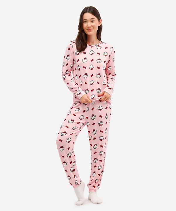 pijama longo feminino hello kitty manga longa rosa G
