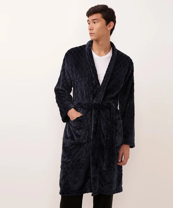 roupão de fleece manga longa texturizado azul marinho P