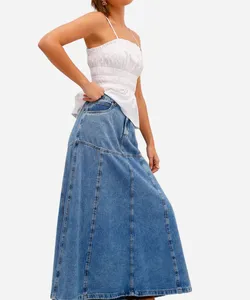 saia evasê feminina jeans cintura alta com recortes azul 46