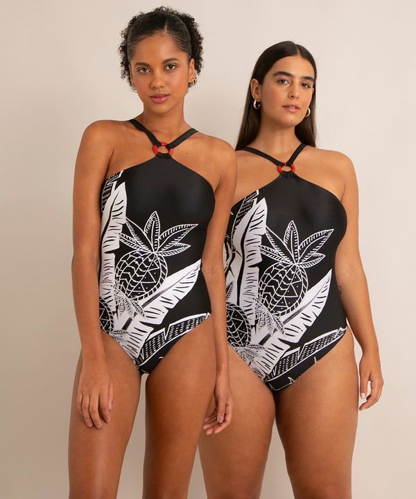maiô halter neck com argola estampado folhagem com bojo proteção uv50+ preto P