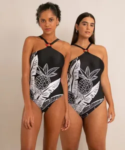 maiô halter neck com argola estampado folhagem com bojo proteção uv50+ preto G