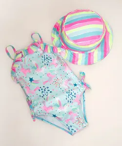 Maiô Infantil Estampado Unicórnios com Babados Azul + Bucket Hat Listrado Multicor 5