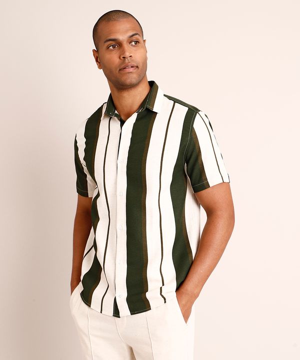 Camisa Relaxed com Linho Listrada Manga Curta Verde Militar P