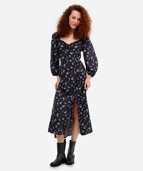 vestido midi feminino de viscose manga bufante floral preto GG