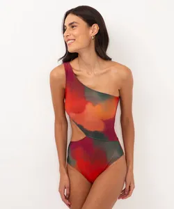 maiô ombro único cut out marmorizado proteção uv vermelho M