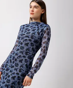 vestido midi feminino de tule floral mindset azul P