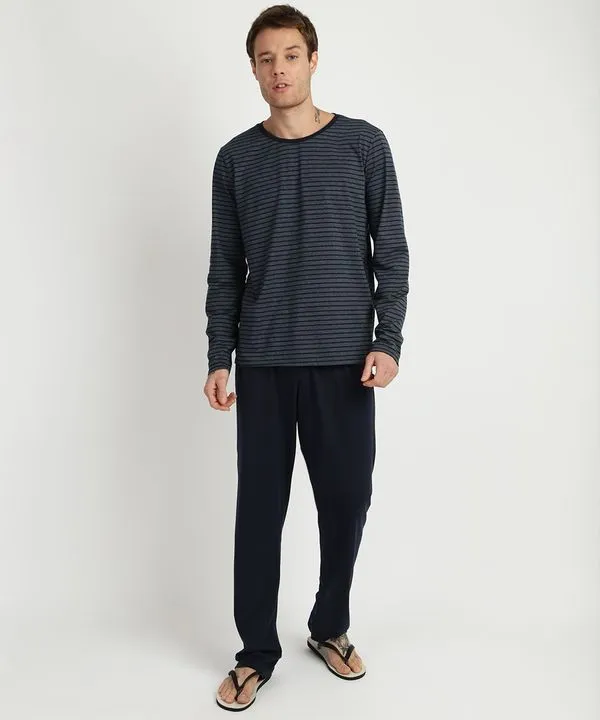 Pijama Masculino Camiseta Estampada Listrada Manga Longa Gola Careca Azul Marinho P
