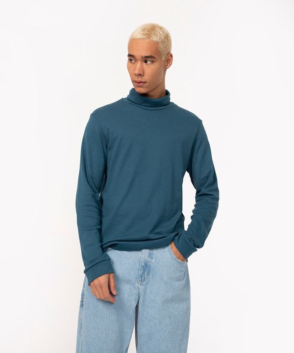 camiseta de algodão gola rolê manga longa azul escuro PP