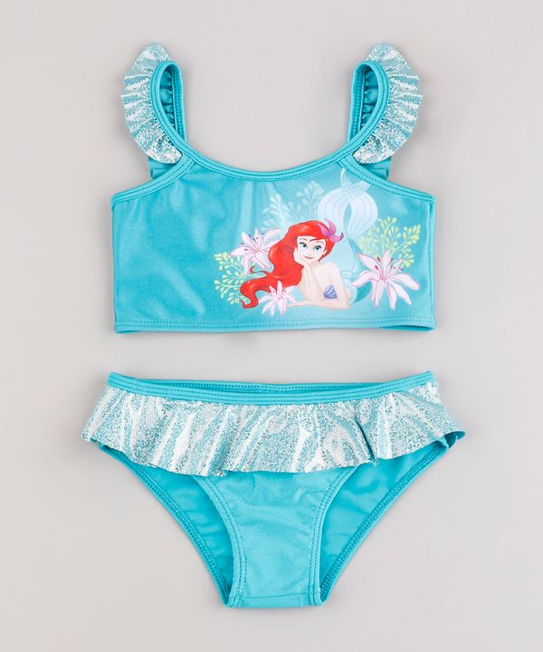 Biquíni Infantil Ariel A Pequena Sereia com Babado e Brilho Holográfico Proteção UV50+ Verde Água 8