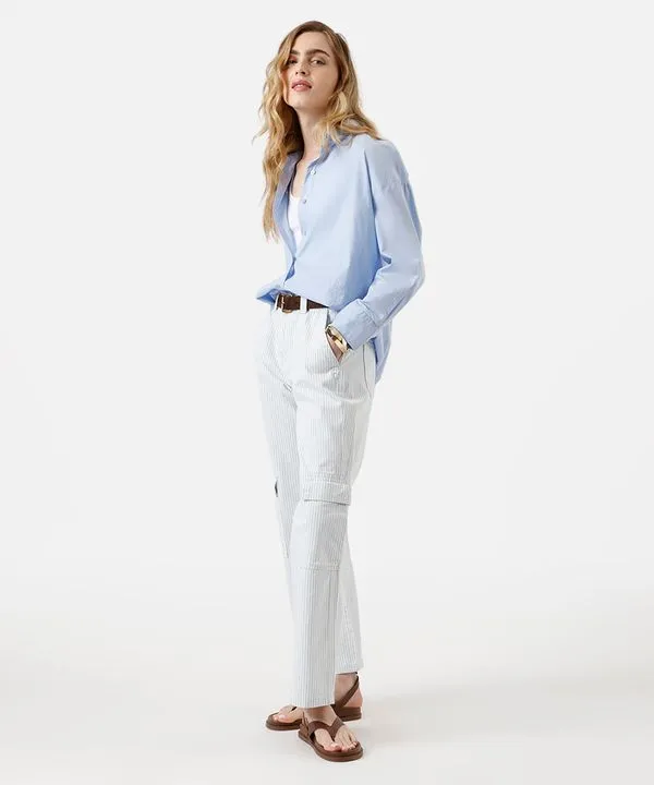 calça wide leg slim feminina de sarja com bolsos listrada azul 36
