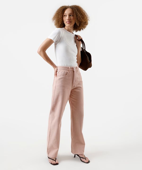 calça wide leg slim feminina de sarja cintura alta rosa 42
