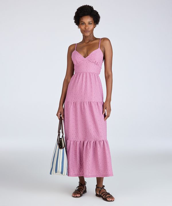 vestido longo feminino de laise com amarração floral lilás GG