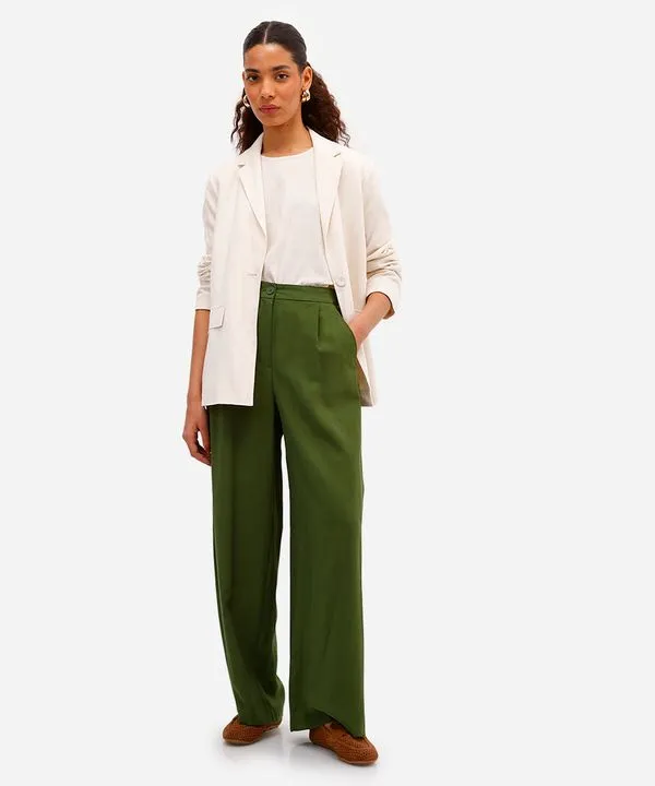 calça wide leg feminina de viscose cintura alta com elástico verde 40