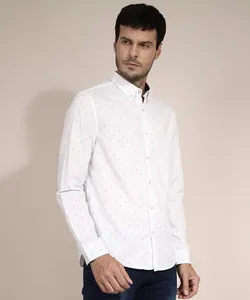 Camisa Comfort Estampada Mini Print Manga Longa Branca P