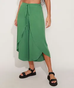 Calça Saída de Praia Pantacourt Cintura Alta com Transpasse e Amarração Verde Militar M