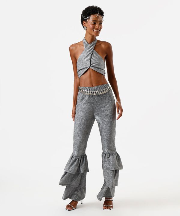 calça flare feminina com babados e brilhos prateada PP