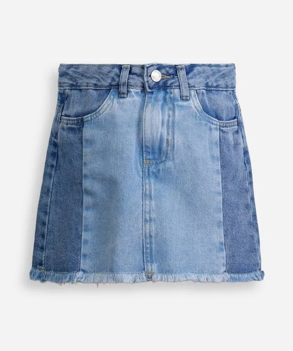 saia curta infantil jeans com recortes e barra desfiada azul 10