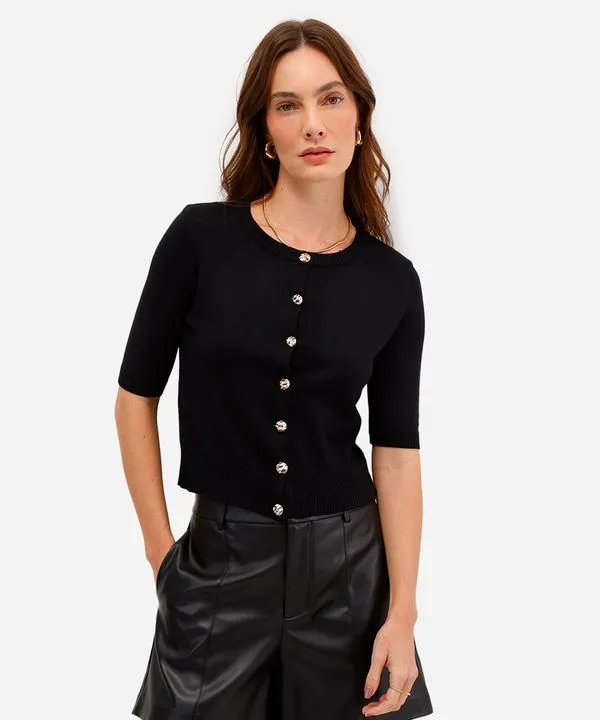 cardigan feminino de tricot com botões preto PP