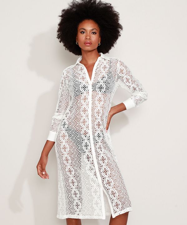 Saída de Praia de Renda Chemise Midi Manga Longa Branca G