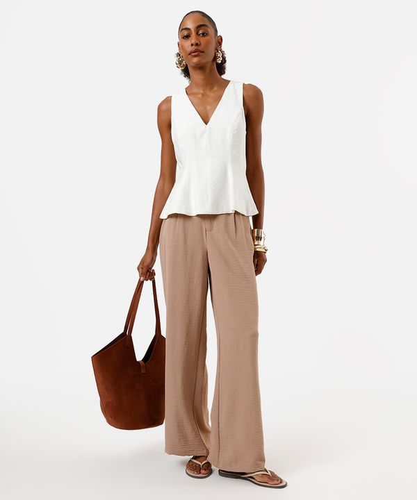 calça wide leg feminina cós elástico texturizada bege 46