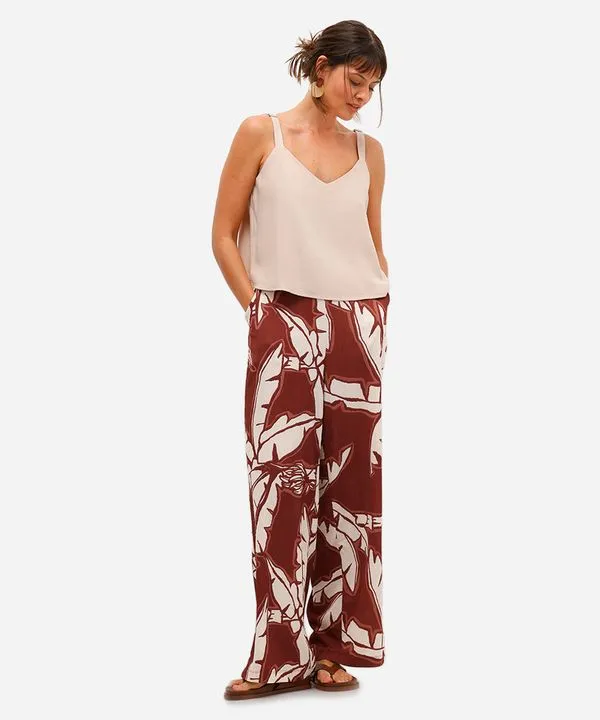 calça wide leg feminina texturizada folhagem vermelha M