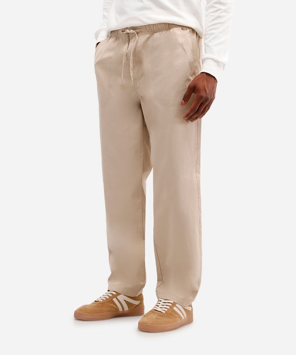 calça reta masculina de sarja cós elástico bege 40