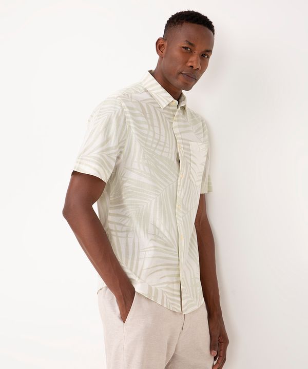 camisa de linho e algodão manga curta verde médio P