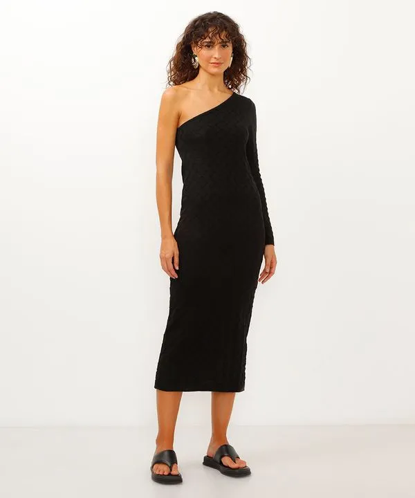 vestido midi de tricot ombro único texturizado preto PP