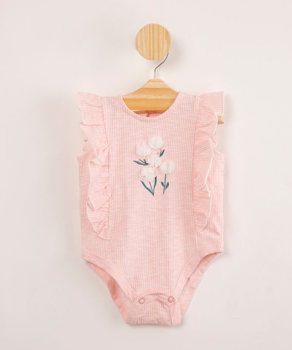 body infantil listrado de algodão manga com babados bordado floral com chapéu rosa claro 3-6