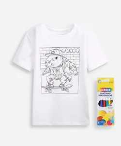 camiseta infantil de algodão capygoods com brinde canetinhas laváveis off white 8