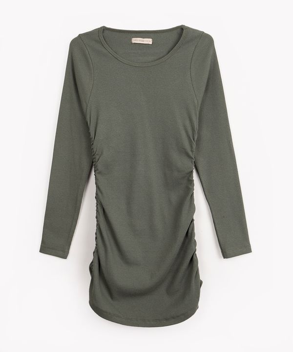 vestido juvenil franzido manga longa verde militar 10