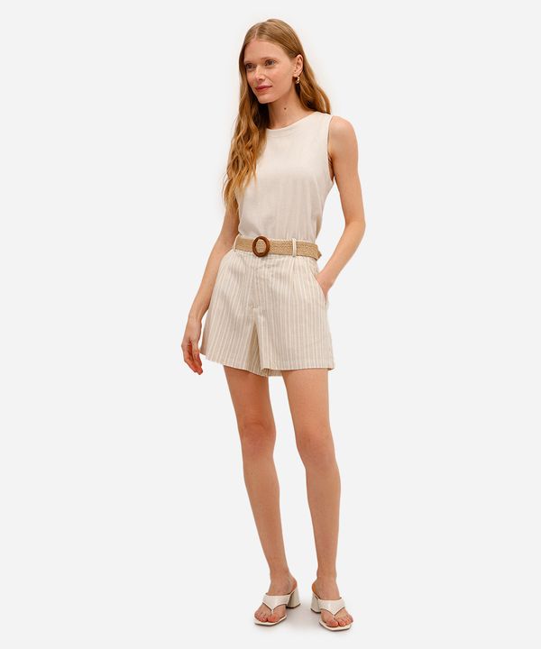 short feminino com linho e cinto listrado bege 34