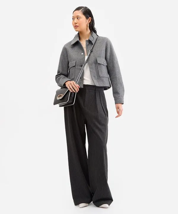 calça baggy feminina de alfaiataria risca de giz cinza 46
