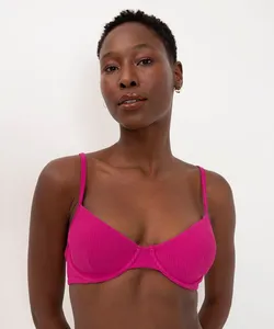 biquíni top meia taça texturizado de aro e bojo com proteção uv rosa escuro G