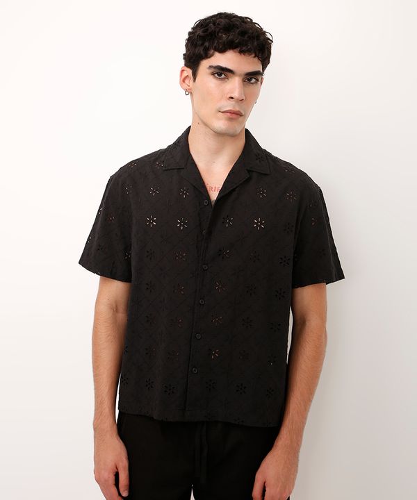camisa de laise manga curta floral - preto P