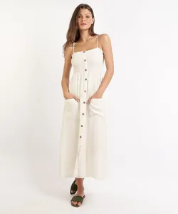 Vestido Saída de Praia Midi com Lastex e Linho Alça Fina Off White G