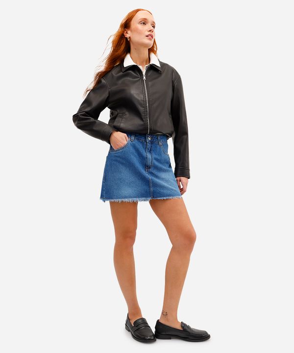 minissaia feminina jeans barra desfiada azul 38
