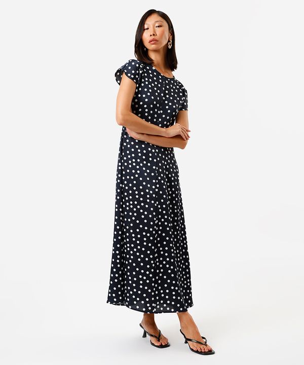 vestido midi feminino mangas curtas poá azul G