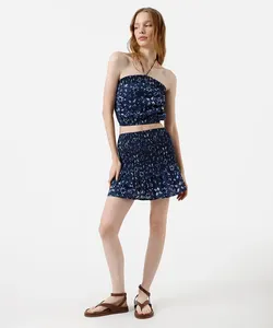 saia curta feminina de algodão franzida floral azul G