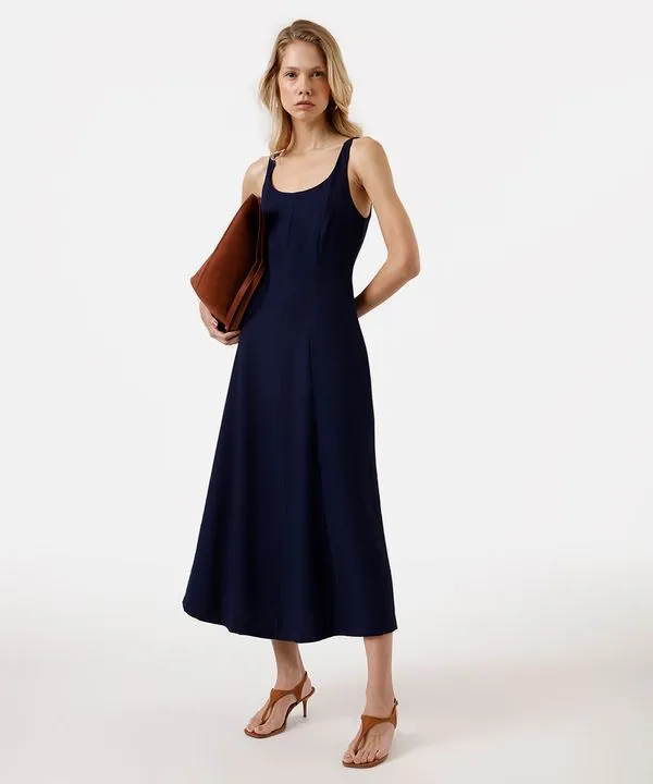 vestido midi feminino de viscose evasê com recortes azul M