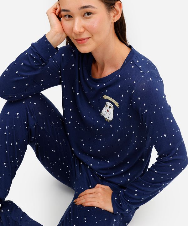 pijama longo feminino harry potter manga longa azul P