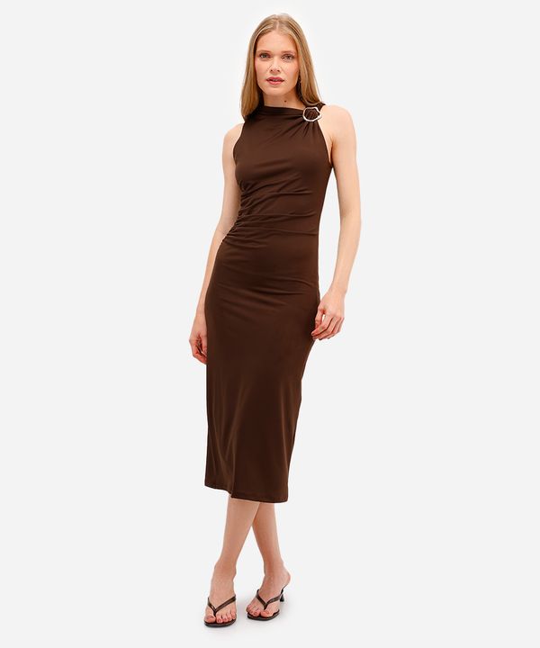 vestido midi feminino franzido com fenda marrom P