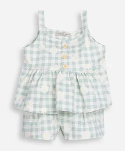 conjunto infantil xadrez texturizado floral verde 4