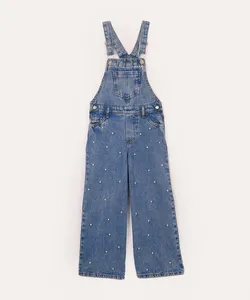 jardineira jeans infantil com pérolas azul 6